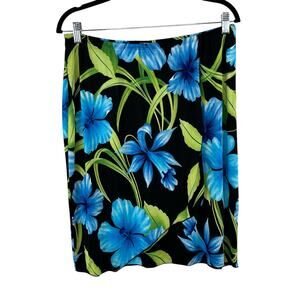 KC Stevens Black Blue Tropical Hawaiian Faux Wrap Knee Length Midi Skirt PXL/Med